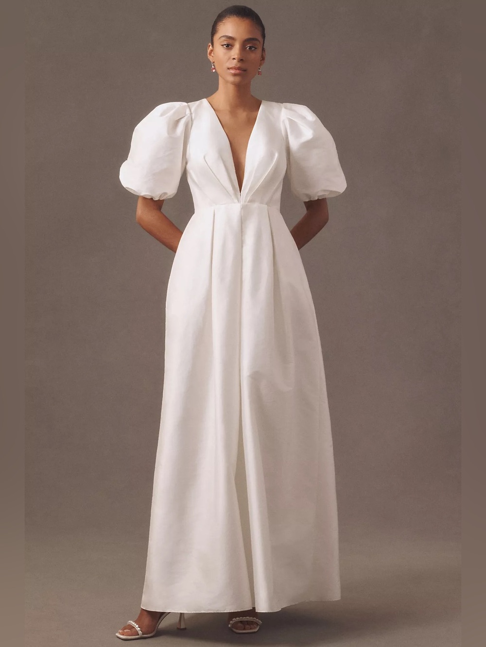 Watters Bungalow Puff-Sleeve Deep-V Taffeta White Maxi Dress Size 6